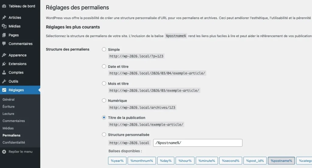 réglage des permaliens
