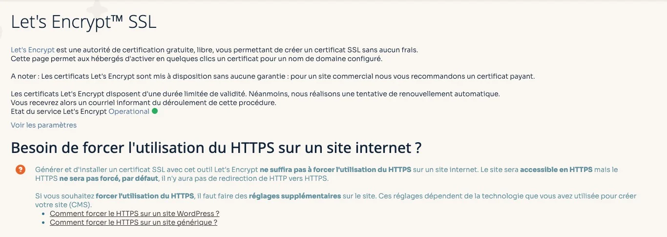 créer un certificat SSL Let's Encrypt ou vérifier qu'il est actif