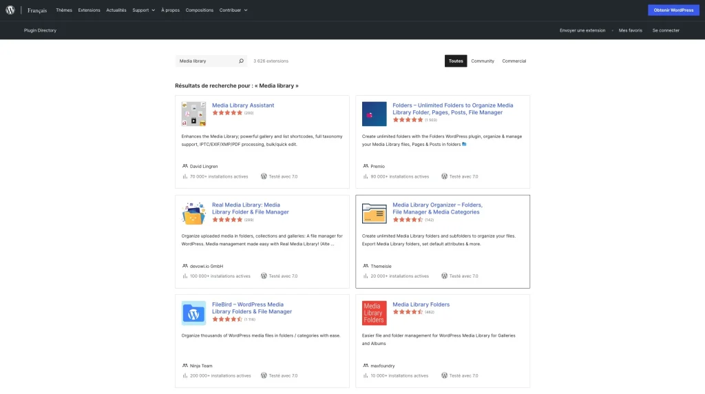 Une recherche d'extensions pour organiser sa médiathèque dans le répertoire de wordpress.org