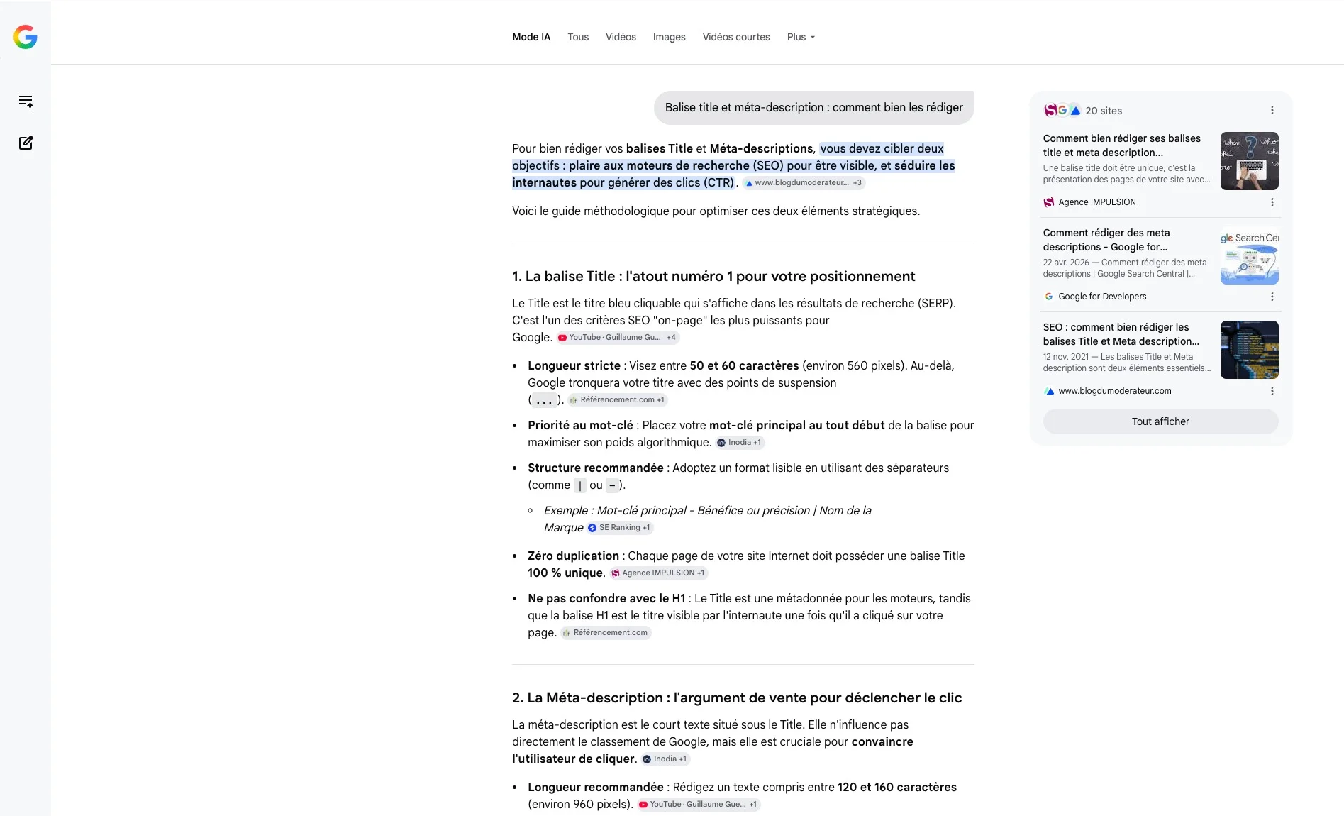 page du Mode IA de Google, avec une réponse rédigée à gauche, des sources citées en pastilles et un panneau de sites à droite