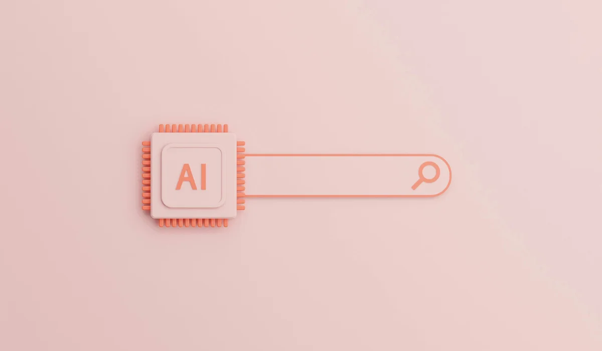 Puce d'intelligence artificielle reliée à une barre de recherche