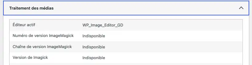 Dans l'interface de santé WordPress on voit que l'éditeur actif est GD et  qu'Imagick est indispobible.