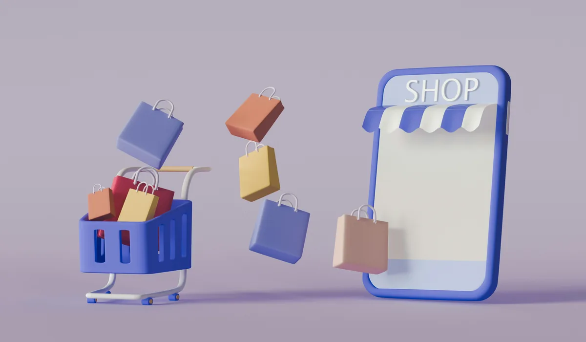 Des sacs de courses passent d'une boutique en ligne affichée sur un téléphone à un chariot qui se remplit.