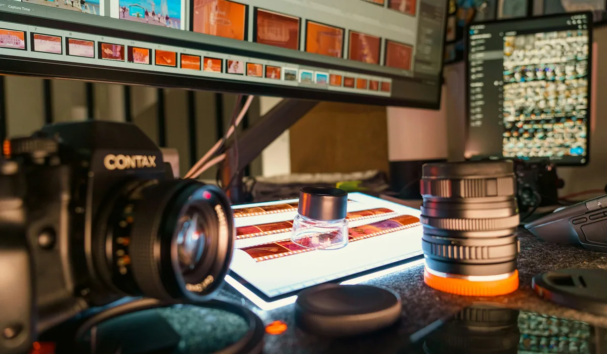 Loupe posée sur des négatifs couleur, sur une table lumineuse, entre un appareil photo argentique et un objectif, devant un écran couvert de vignettes photo